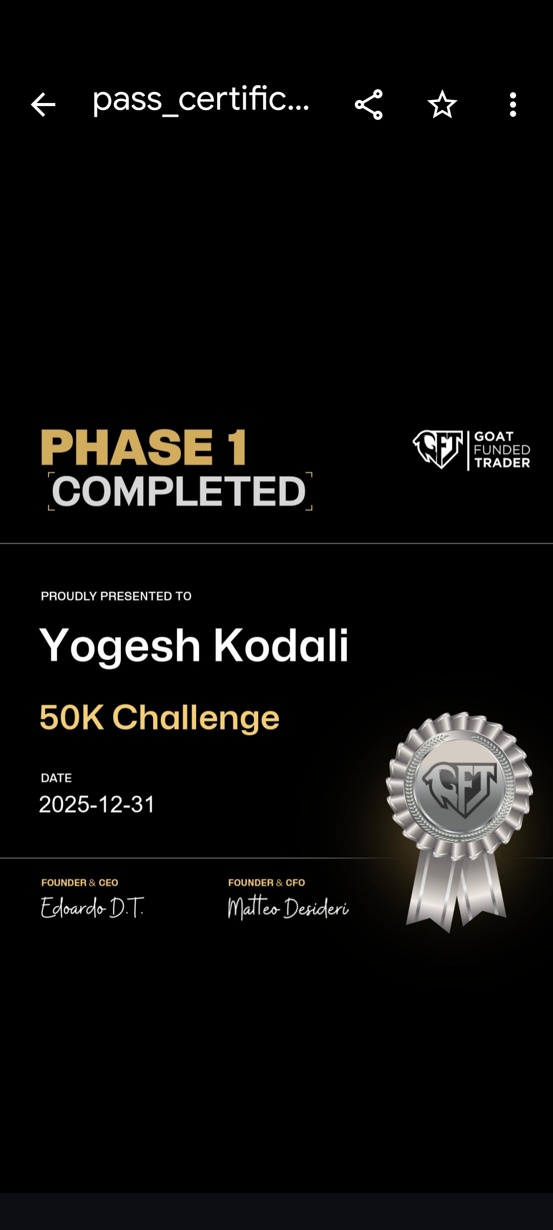 Student course certificate screenshot
